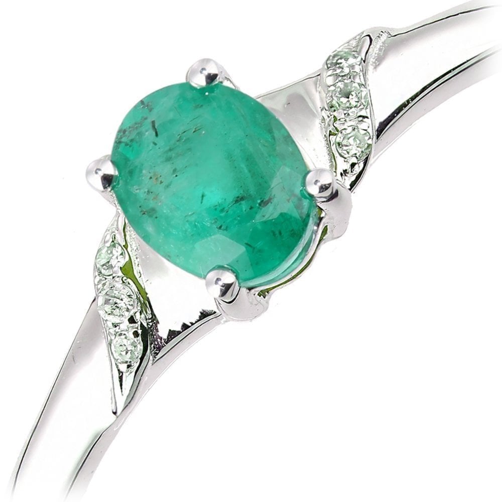 9ct White Gold Oval Emerald and 0.02ct Diamond Shoulders Engagement Ring