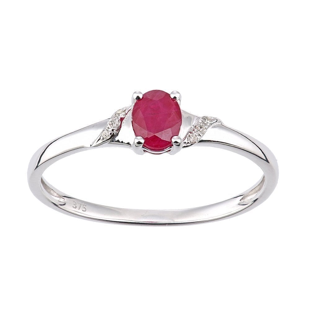 9ct White Gold Oval Ruby and 0.02ct Diamond Shoulders Engagement Ring