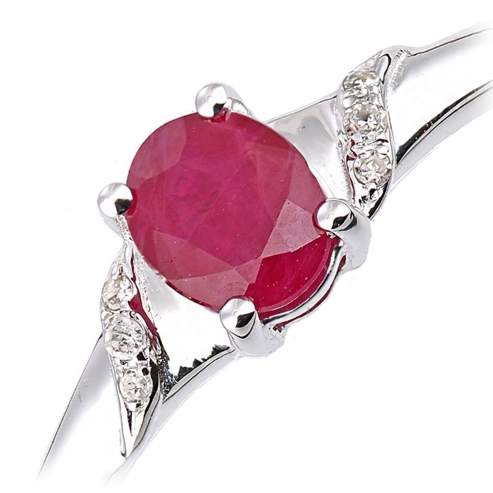 9ct White Gold Oval Ruby and 0.02ct Diamond Shoulders Engagement Ring
