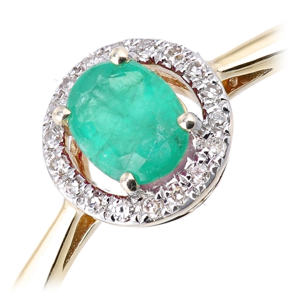 9ct Yellow Gold 0.35 Carat Emerald and Diamond Halo Ring