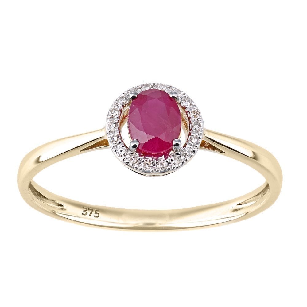 9ct Yellow Gold Oval Ruby and 0.05ct Diamond Halo Ring