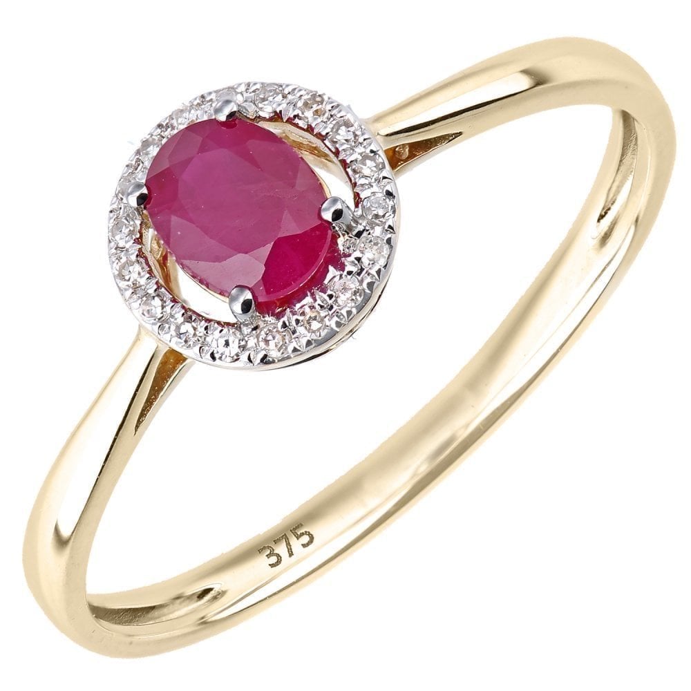 9ct Yellow Gold Oval Ruby and 0.05ct Diamond Halo Ring