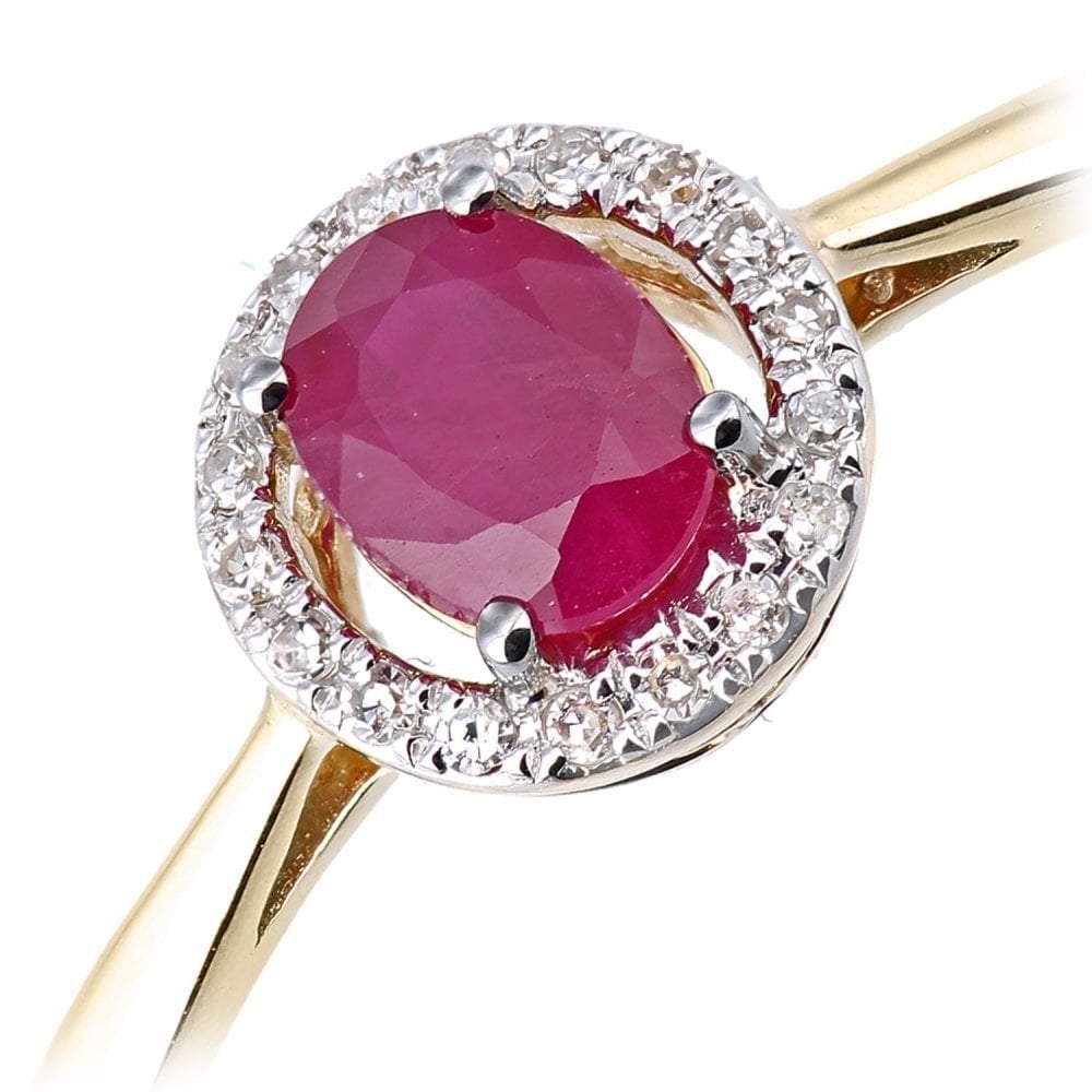 9ct Yellow Gold Oval Ruby and 0.05ct Diamond Halo Ring