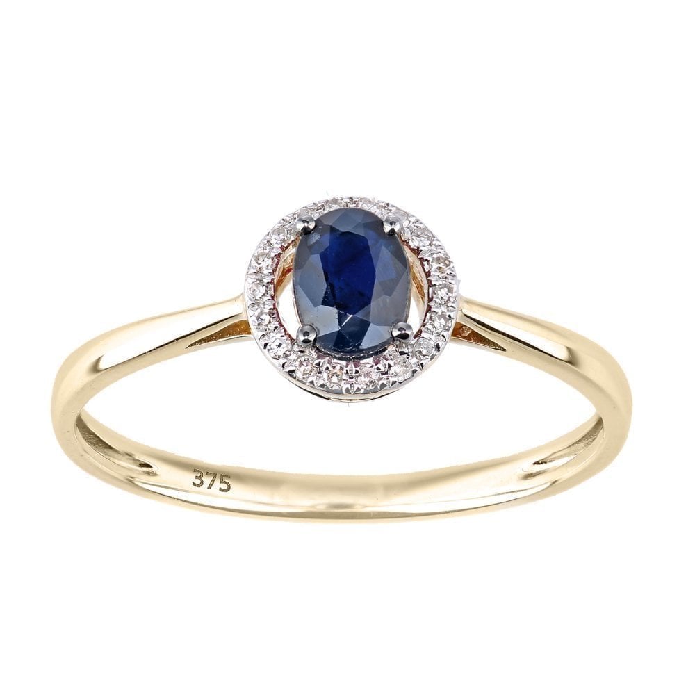 0.5 Ct Oval Natural Blue Sapphire and Diamond Halo Ring in 9ct Yellow Gold