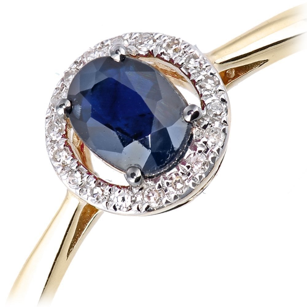 0.5 Ct Oval Natural Blue Sapphire and Diamond Halo Ring in 9ct Yellow Gold