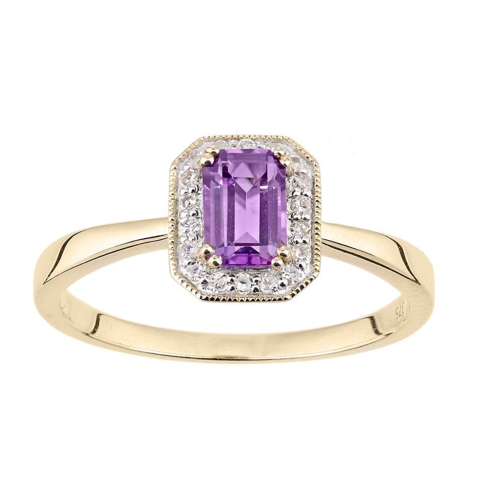 9ct Yellow Gold Octagon Amethyst and 0.08ct Diamond Cluster Ring