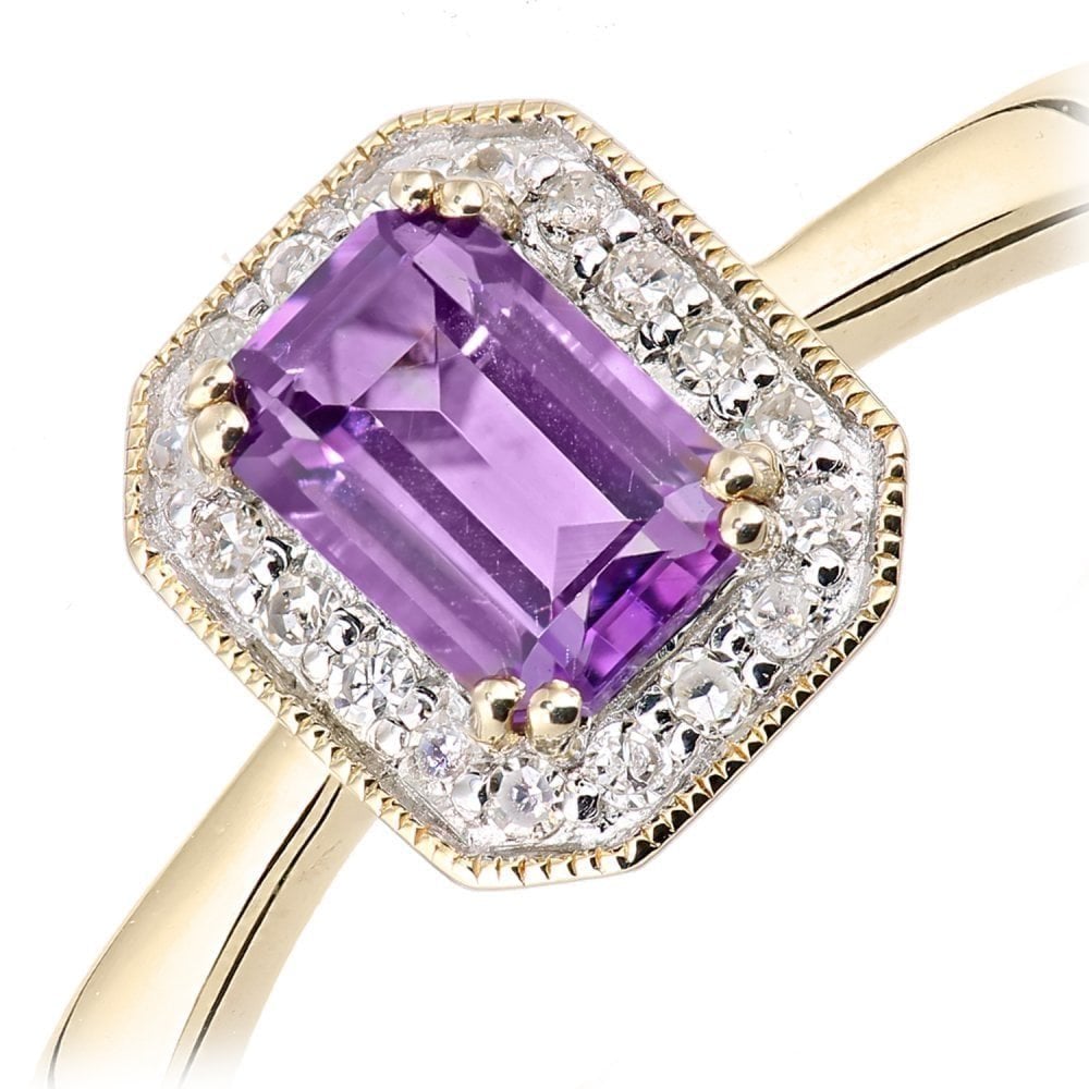 9ct Yellow Gold Octagon Amethyst and 0.08ct Diamond Cluster Ring