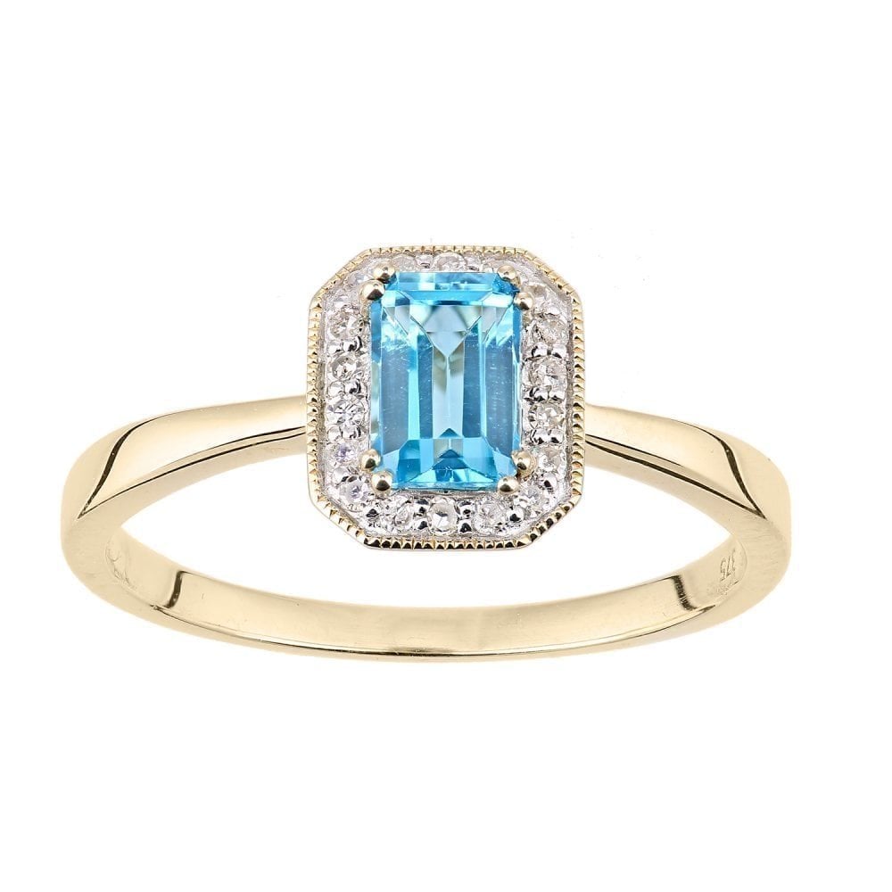 9ct Yellow Gold Sky Blue Topaz and Diamond Octagon Halo Engagement Ring