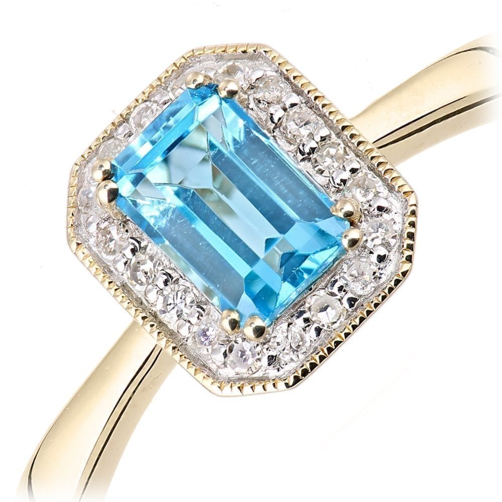 9ct Yellow Gold Sky Blue Topaz and Diamond Octagon Halo Engagement Ring