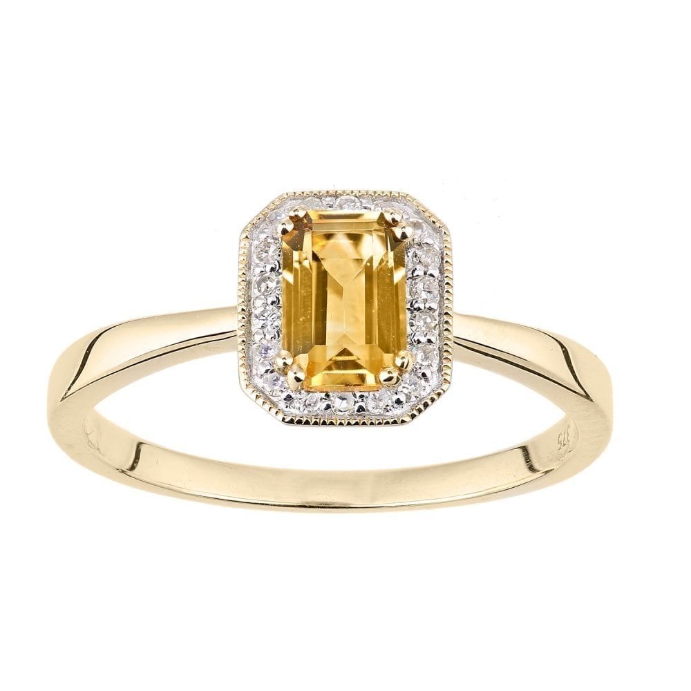 Classic Octagon Citrine and Diamond Halo Ring in 9K Yellow Gold