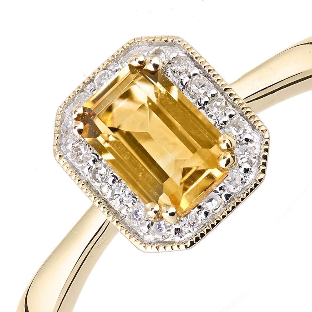 Classic Octagon Citrine and Diamond Halo Ring in 9K Yellow Gold