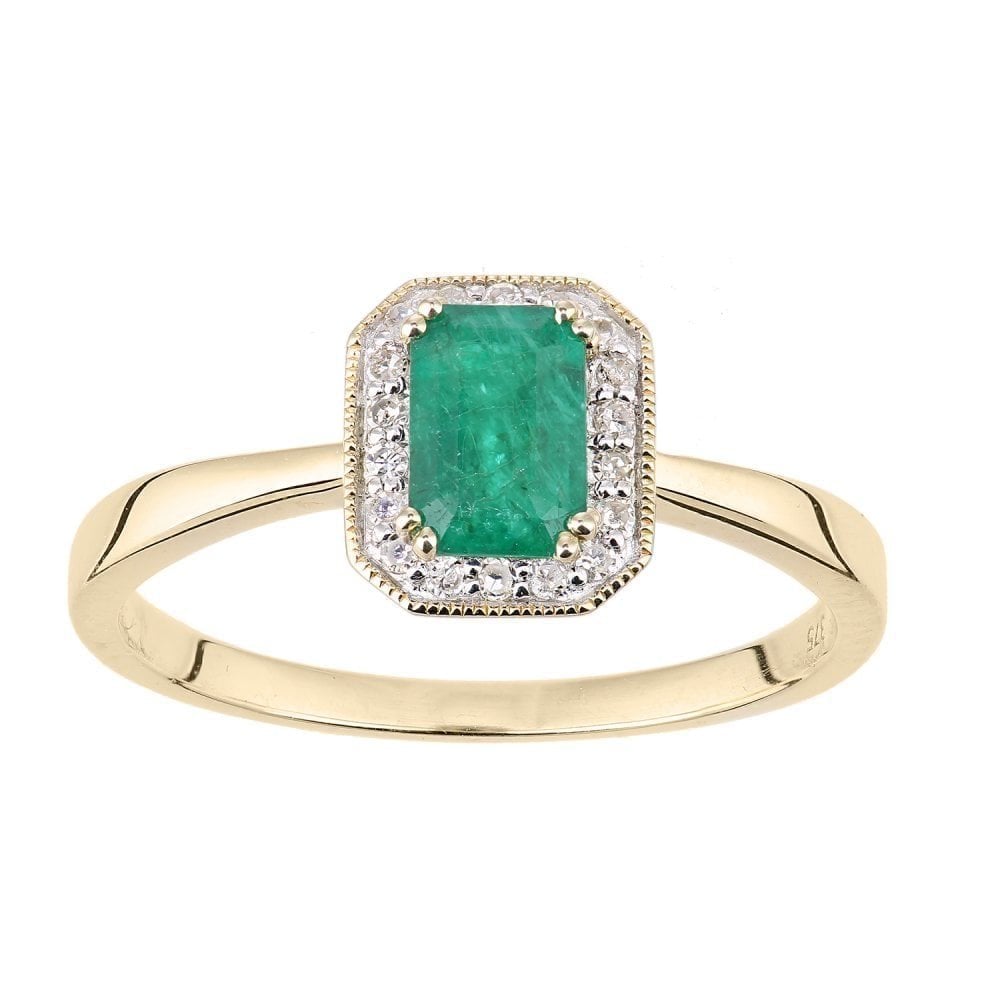 9ct Yellow Gold 0.60ct Octagon Emerald & Diamond Halo Ring