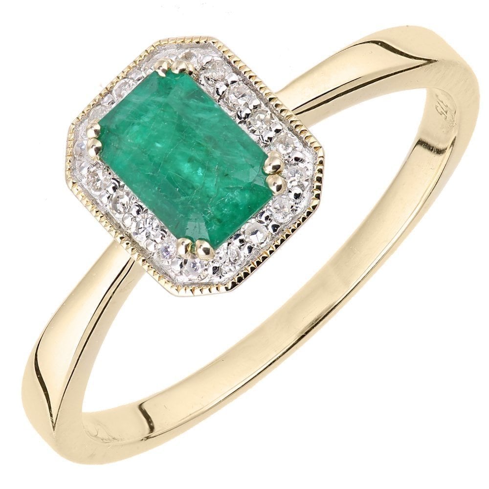9ct Yellow Gold 0.60ct Octagon Emerald & Diamond Halo Ring