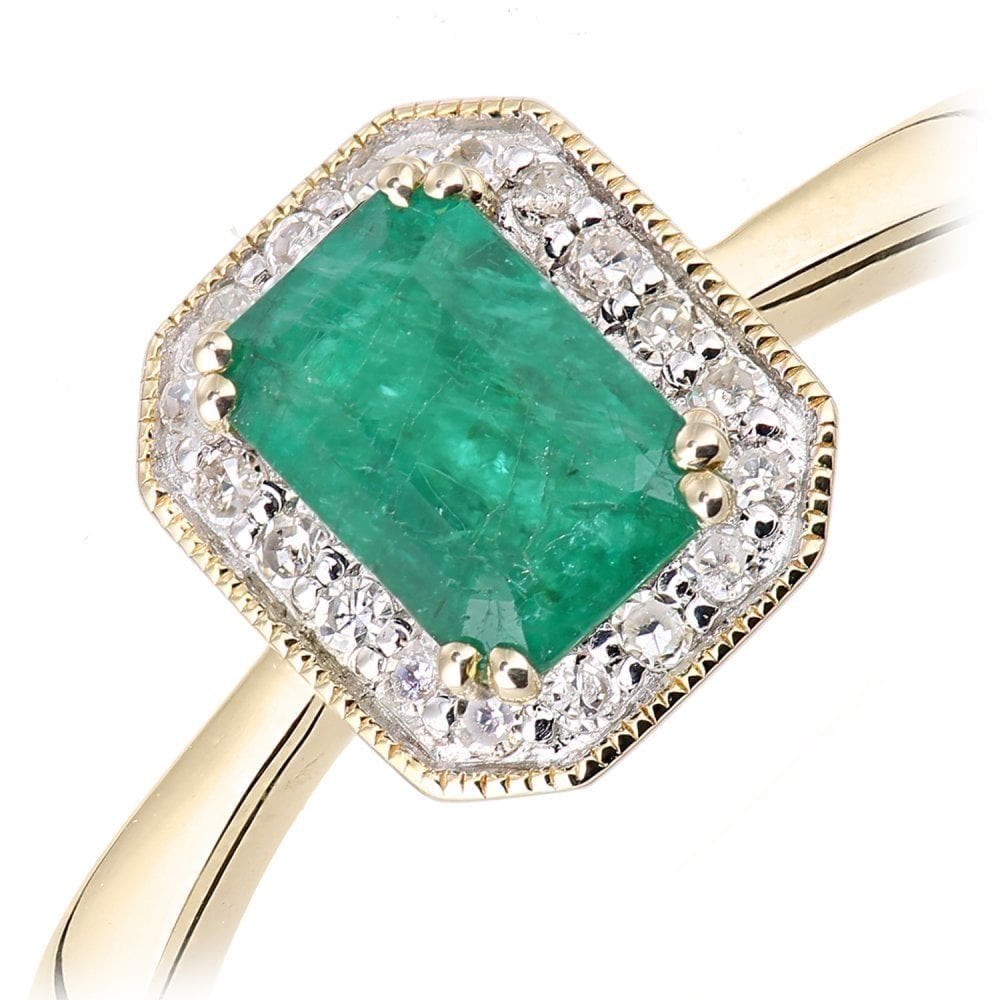 9ct Yellow Gold 0.60ct Octagon Emerald & Diamond Halo Ring