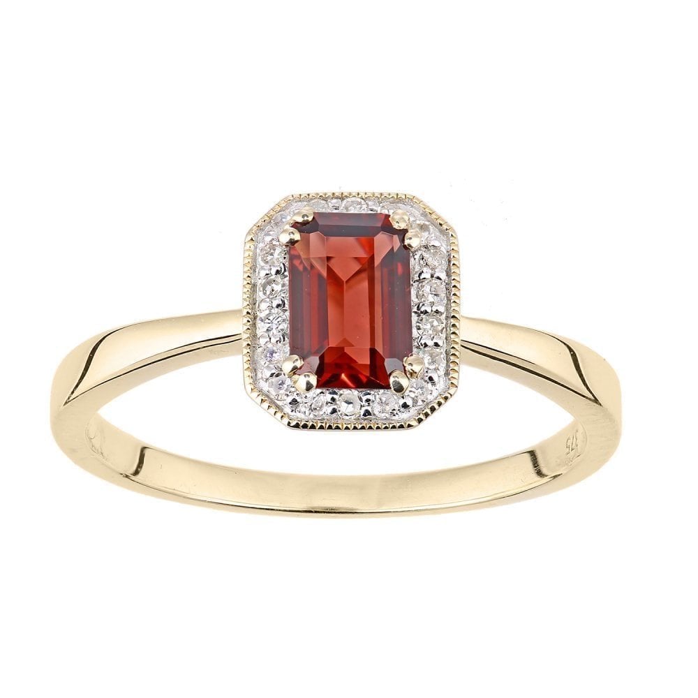 9ct Yellow Gold Octagon Garnet and 0.08ct Diamond Cluster Ring