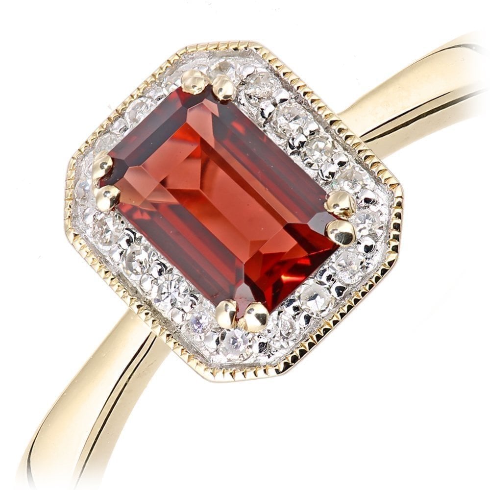 9ct Yellow Gold Octagon Garnet and 0.08ct Diamond Cluster Ring