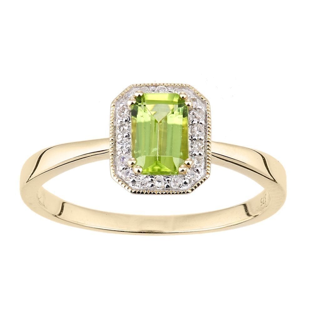 9ct Yellow Gold Octagon Peridot and 0.08ct Diamond Cluster Ring