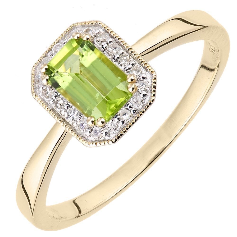 9ct Yellow Gold Octagon Peridot and 0.08ct Diamond Cluster Ring