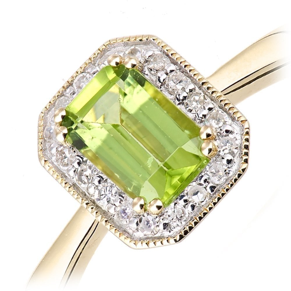 9ct Yellow Gold Octagon Peridot and 0.08ct Diamond Cluster Ring