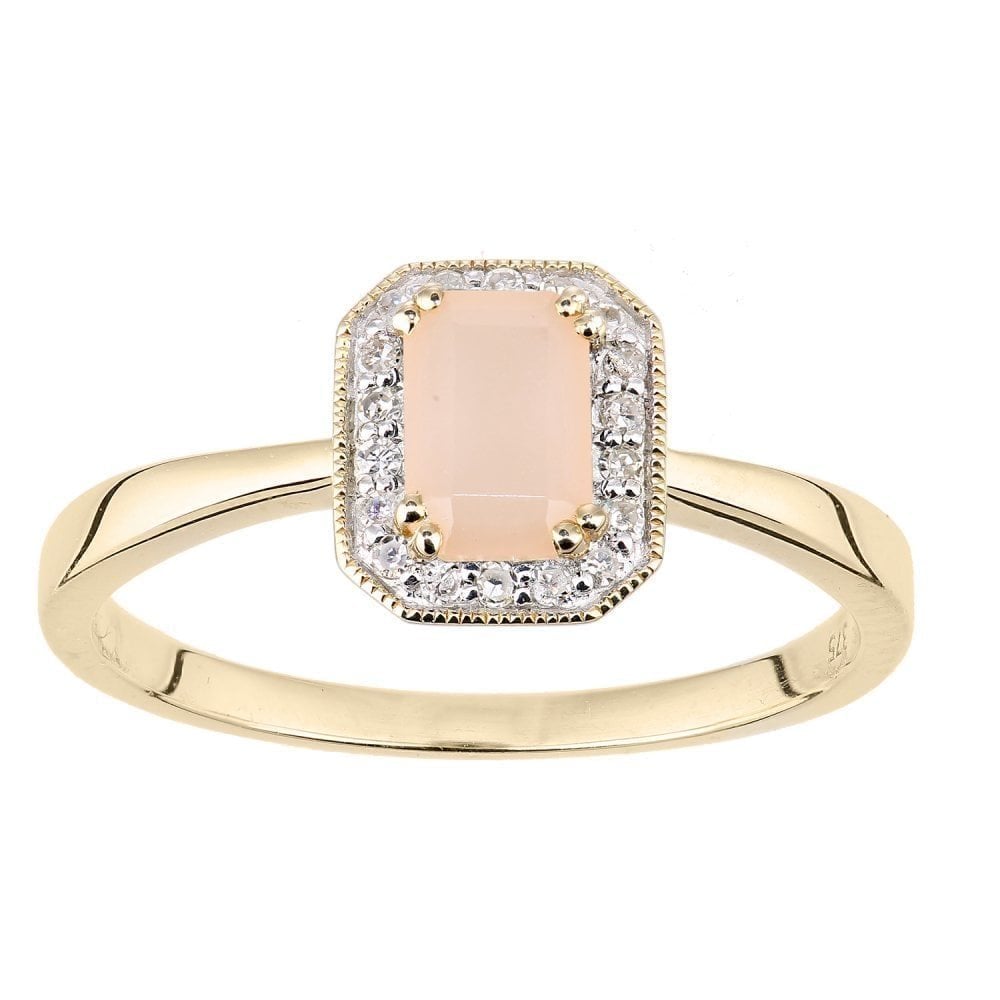 9ct Yellow Gold Octagon Pink Opal and 0.08ct Diamond Cluster Ring