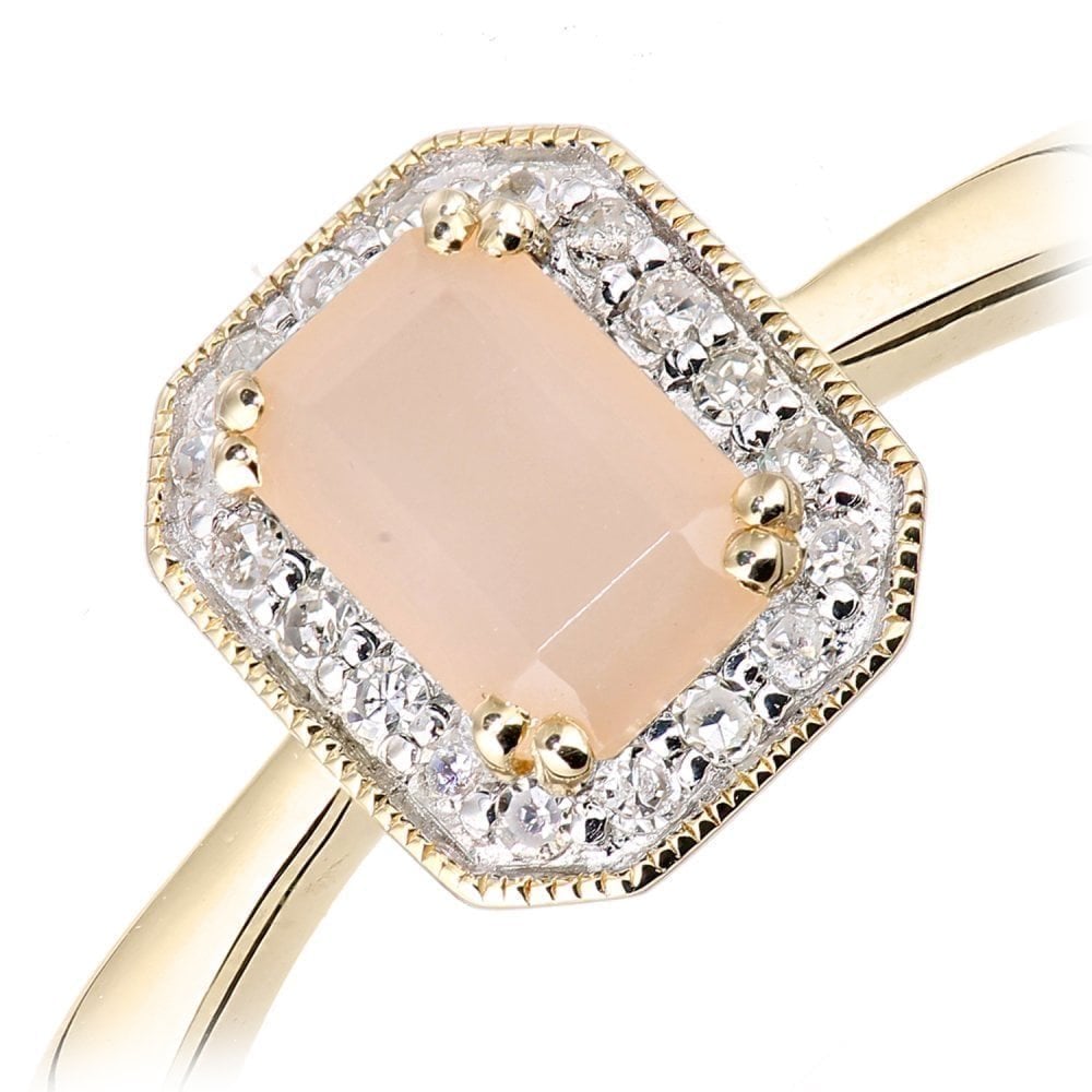 9ct Yellow Gold Octagon Pink Opal and 0.08ct Diamond Cluster Ring