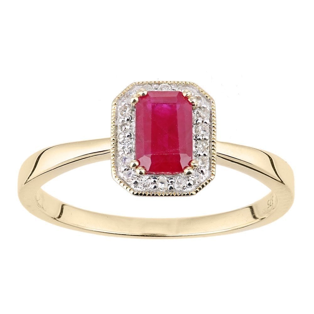 9ct Yellow Gold Octagon Ruby and 0.08ct Diamond Cluster Ring