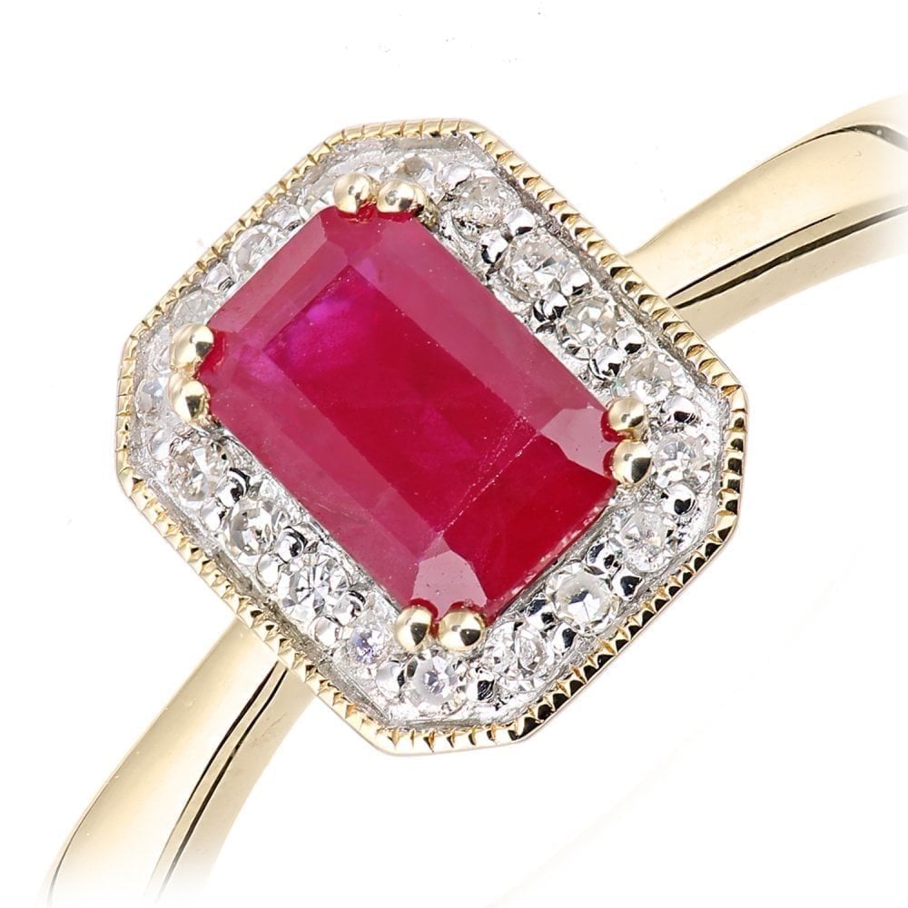 9ct Yellow Gold Octagon Ruby and 0.08ct Diamond Cluster Ring