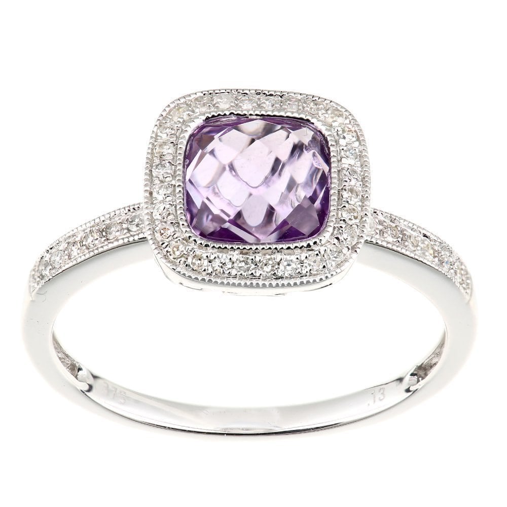 9ct White Gold Cushion Amethyst and 0.13ct Diamond Halo Ring