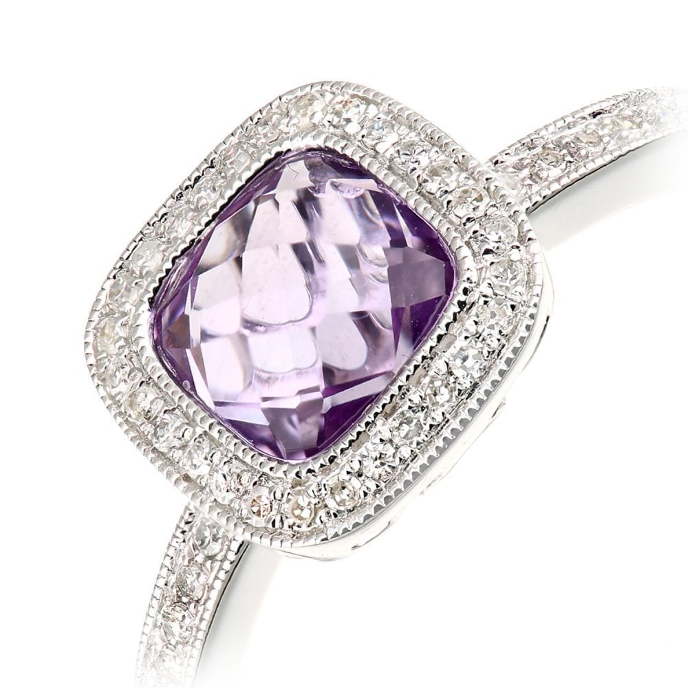 9ct White Gold Cushion Amethyst and 0.13ct Diamond Halo Ring