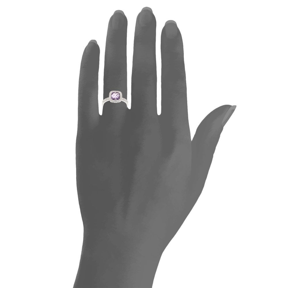 9ct White Gold Cushion Amethyst and 0.13ct Diamond Halo Ring