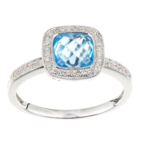 2 Carat Sky Blue Topaz  and Diamond Cushion Halo Engagement Rings in 9ct White Gold