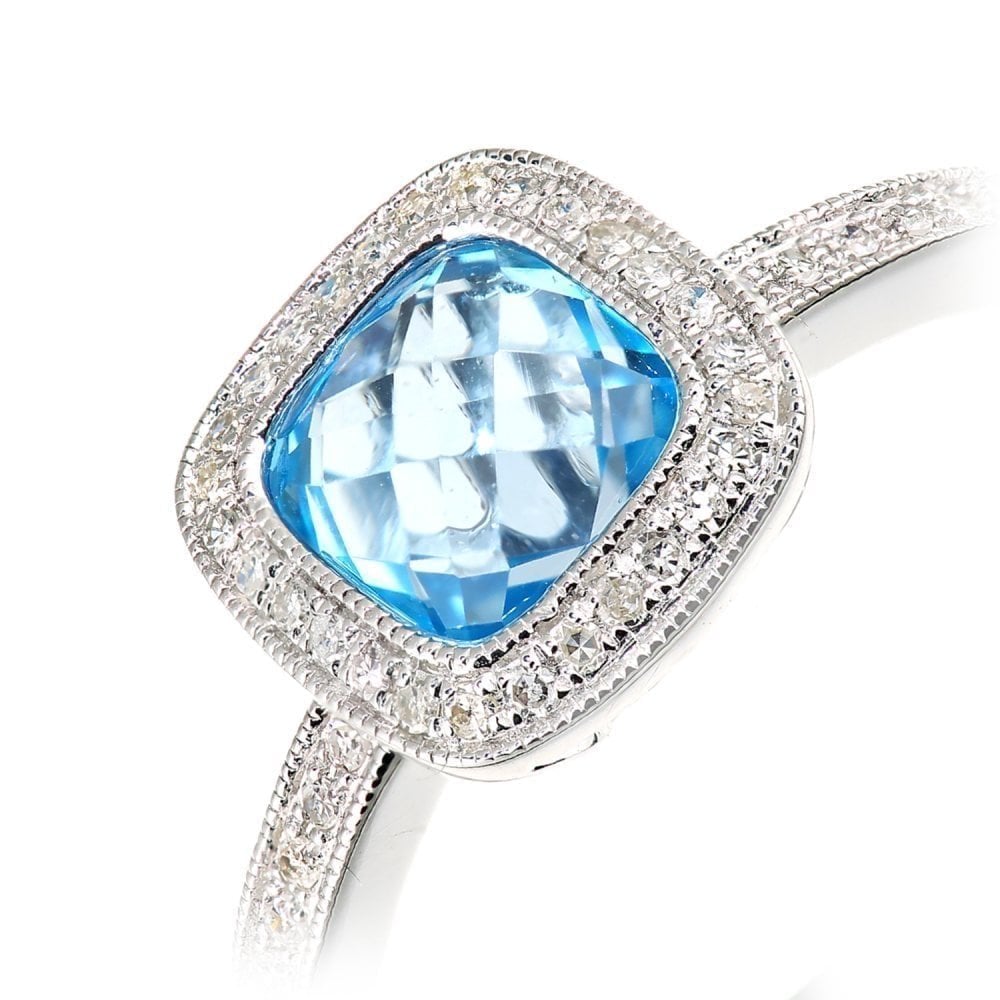 2 Carat Sky Blue Topaz  and Diamond Cushion Halo Engagement Rings in 9ct White Gold
