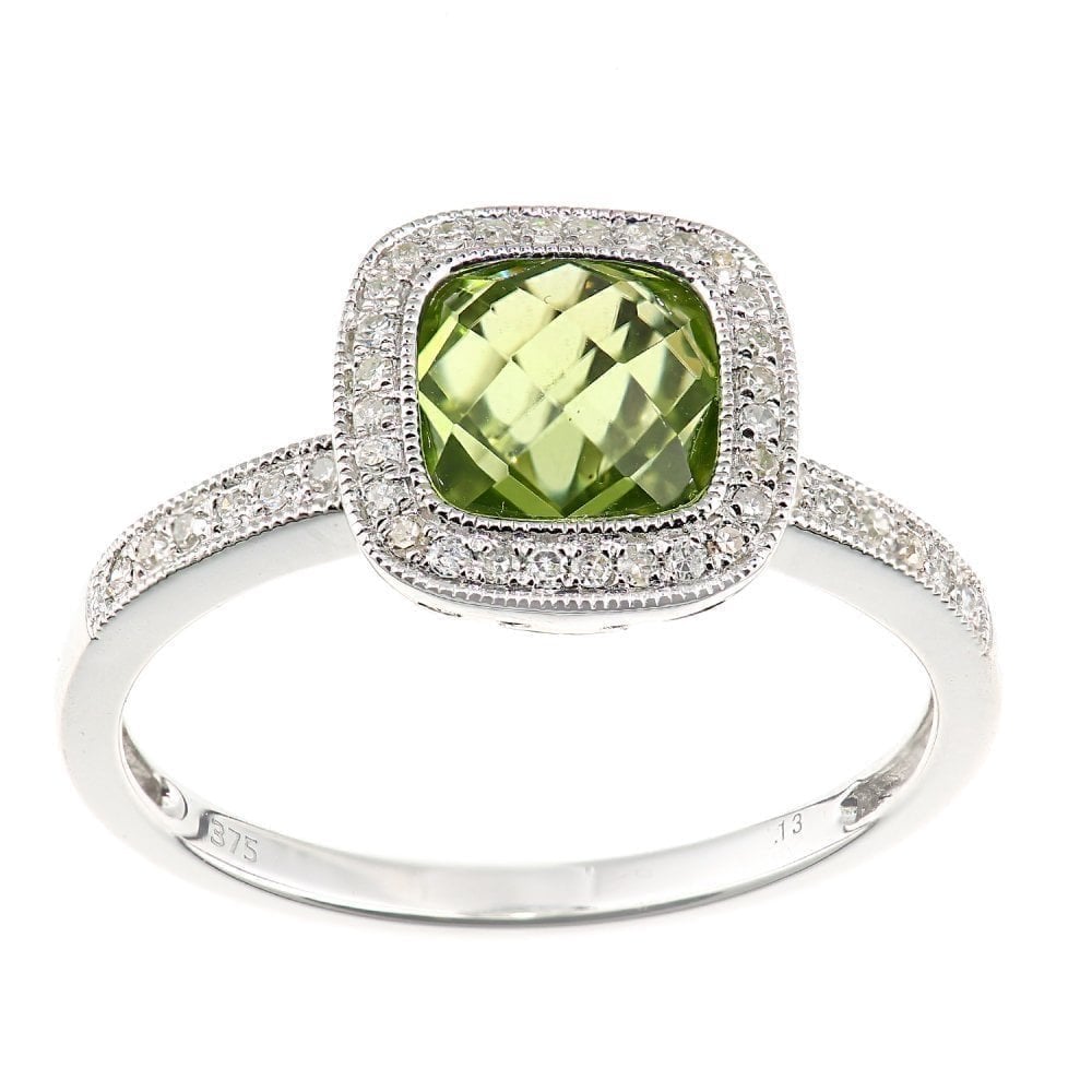 9ct White Gold Cushion Peridot and 0.13ct Diamond Halo Ring