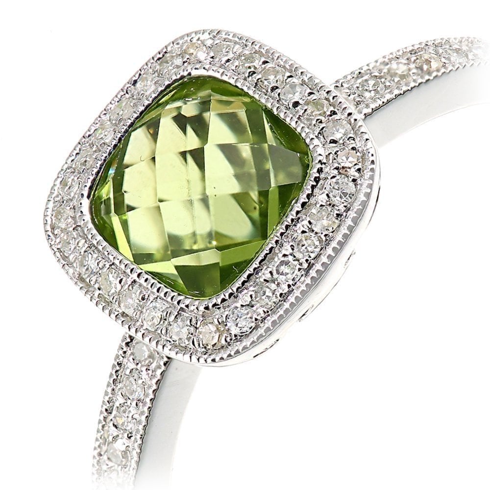 9ct White Gold Cushion Peridot and 0.13ct Diamond Halo Ring