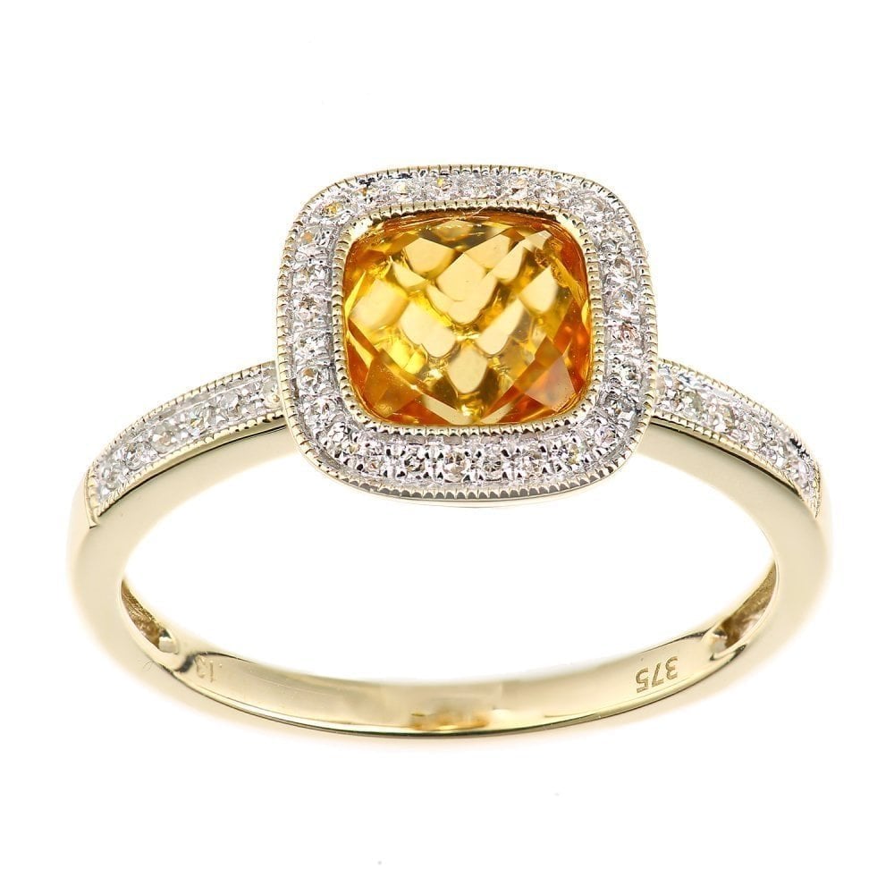 1.2 Carats Citrine Cushion and Diamond Halo Ring in 9ct Yellow Gold