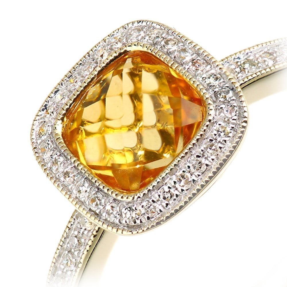 1.2 Carats Citrine Cushion and Diamond Halo Ring in 9ct Yellow Gold