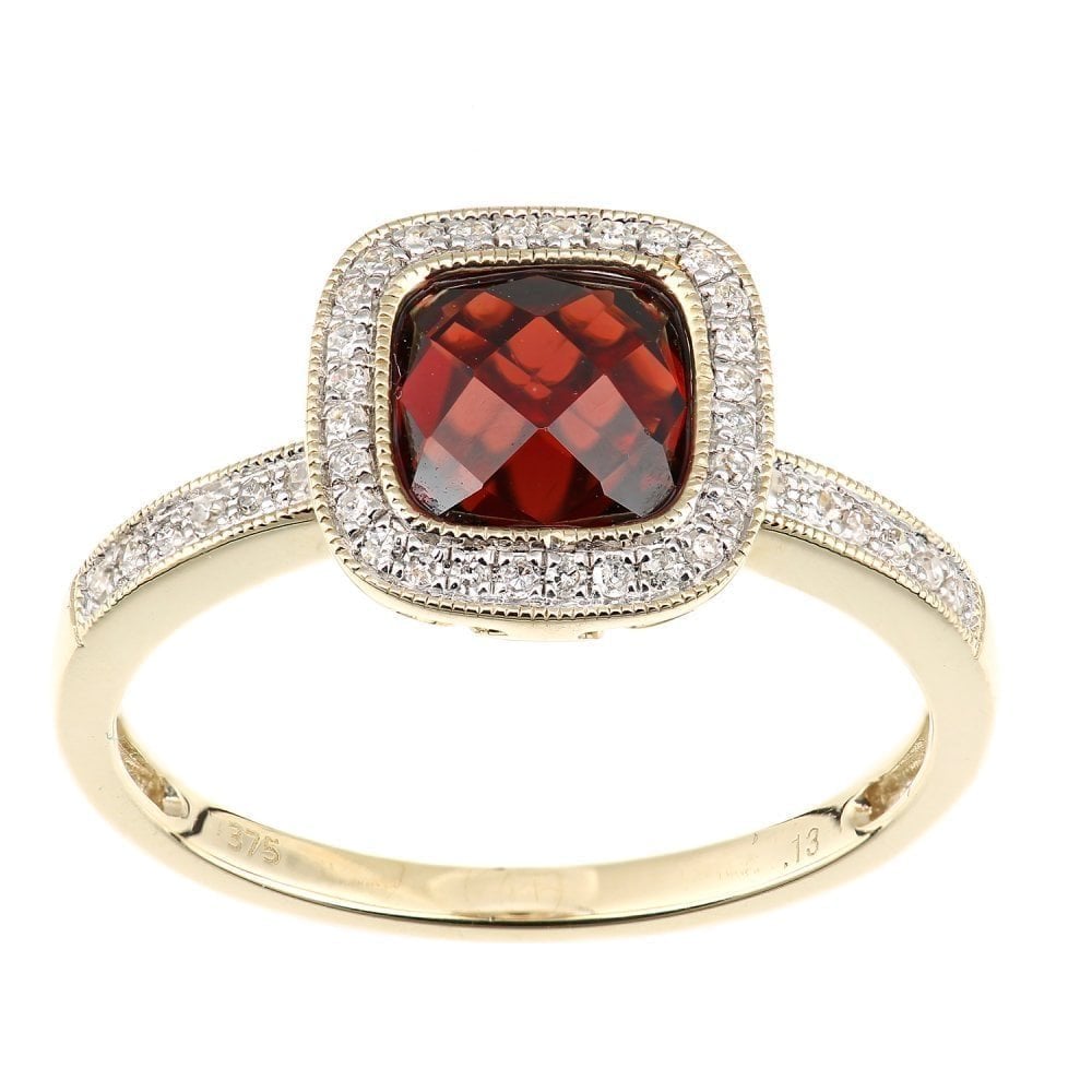 9ct Yellow Gold Cushion Garnet and 0.13ct Diamond Halo Ring