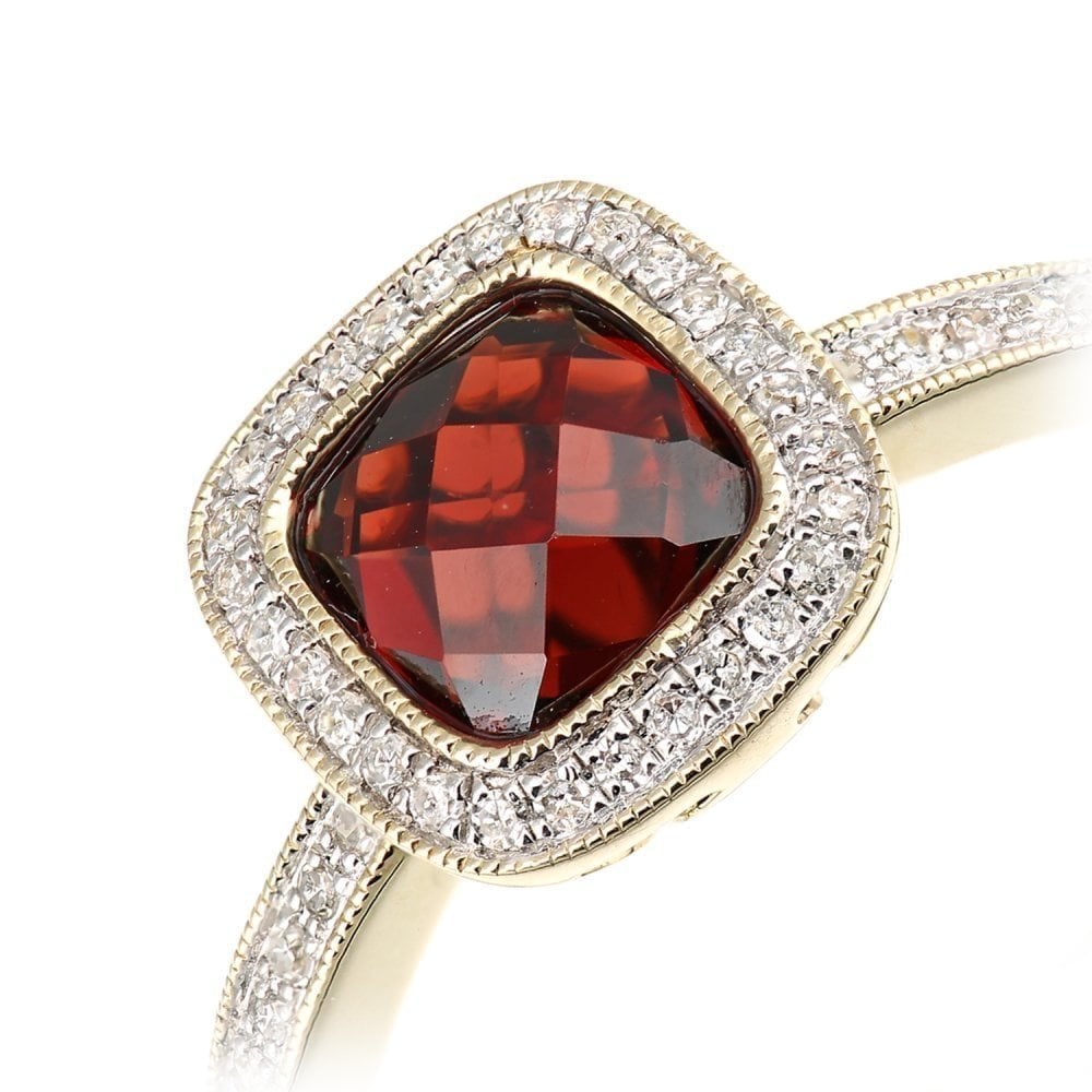 9ct Yellow Gold Cushion Garnet and 0.13ct Diamond Halo Ring