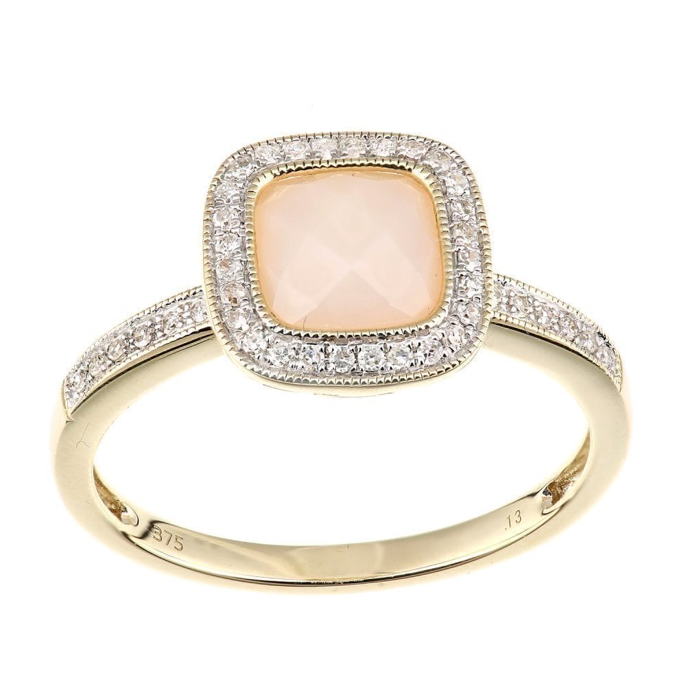 9ct Yellow Gold Cushion Pink Opal and 0.13ct Diamond Halo Ring