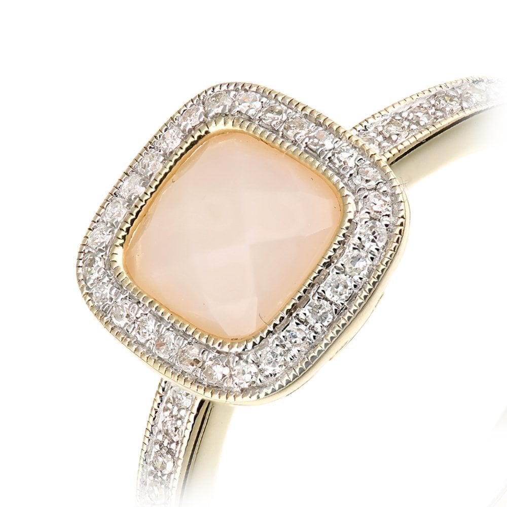 9ct Yellow Gold Cushion Pink Opal and 0.13ct Diamond Halo Ring