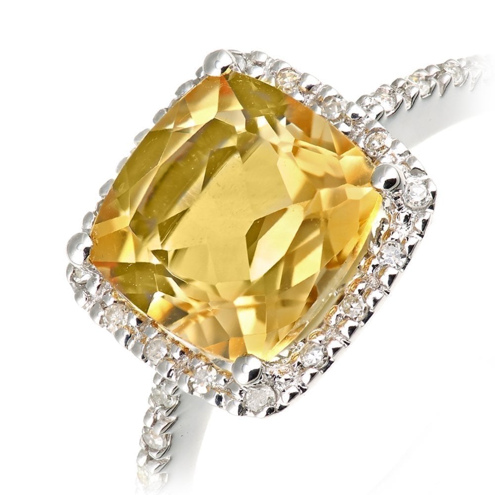 2 Carats Citrine Cushion and Diamond Halo Ring in 9ct White Gold