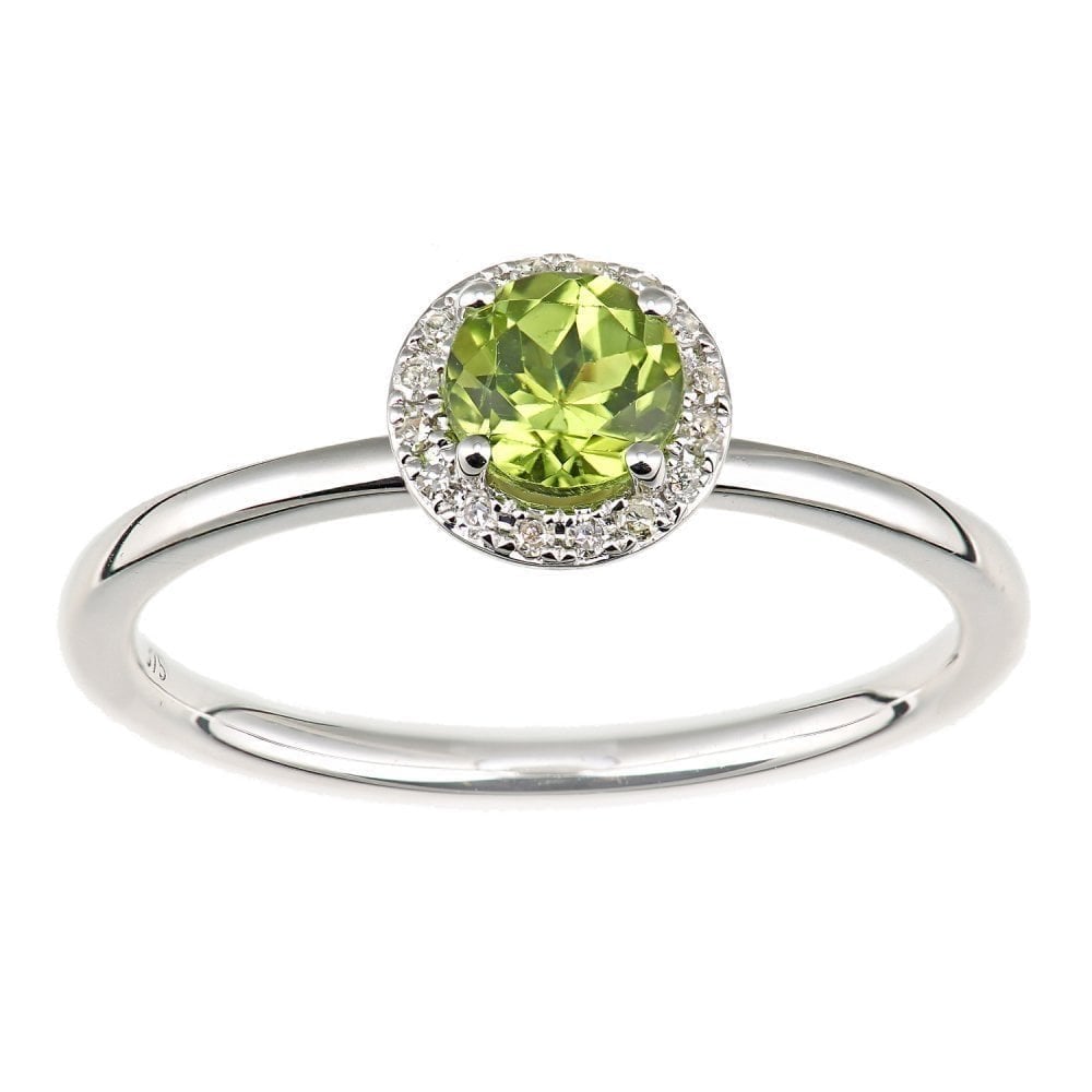 9ct White Gold Peridot and 0.05ct Diamond Cluster Halo Ring