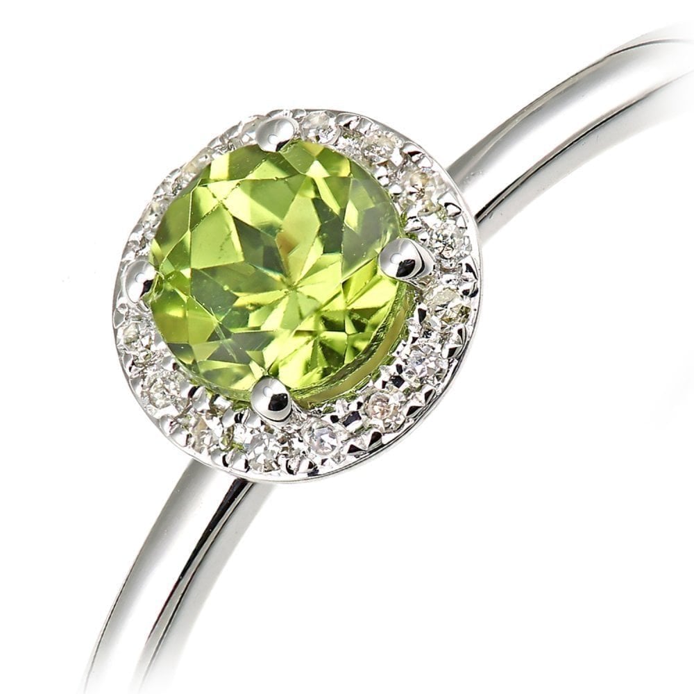 9ct White Gold Peridot and 0.05ct Diamond Cluster Halo Ring
