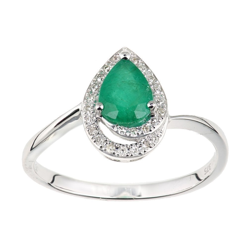 9ct White Gold 0.65ct Pear Emerald and 0.10ct Diamond Teardrop Cluster Ring