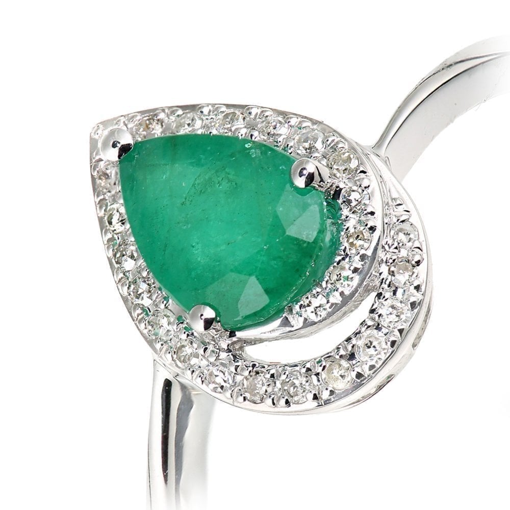 9ct White Gold 0.65ct Pear Emerald and 0.10ct Diamond Teardrop Cluster Ring