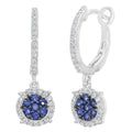 Round Natural Blue Sapphire and Diamond Halo Drop Earrings in 9ct White Gold