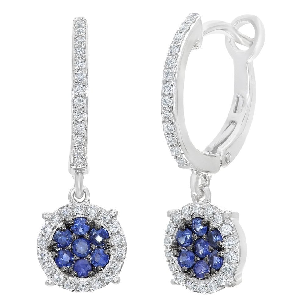 Round Natural Blue Sapphire and Diamond Halo Drop Earrings in 9ct White Gold