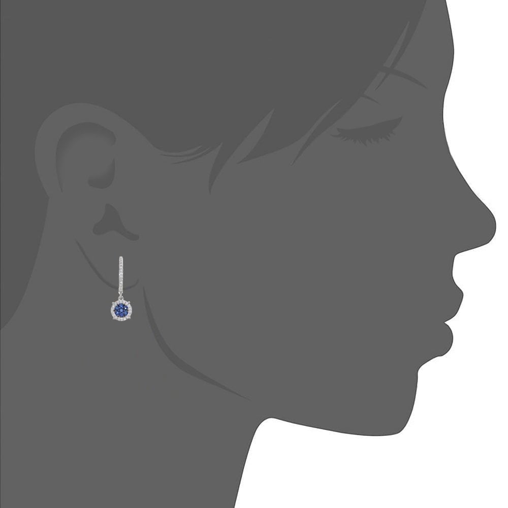 Round Natural Blue Sapphire and Diamond Halo Drop Earrings in 9ct White Gold