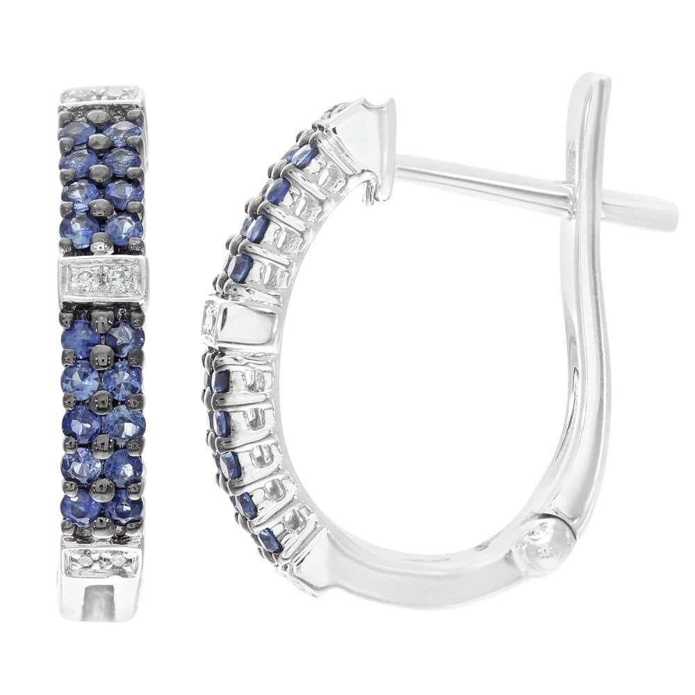 Round Natural Blue Sapphire and Diamond Small Hoop Earrings