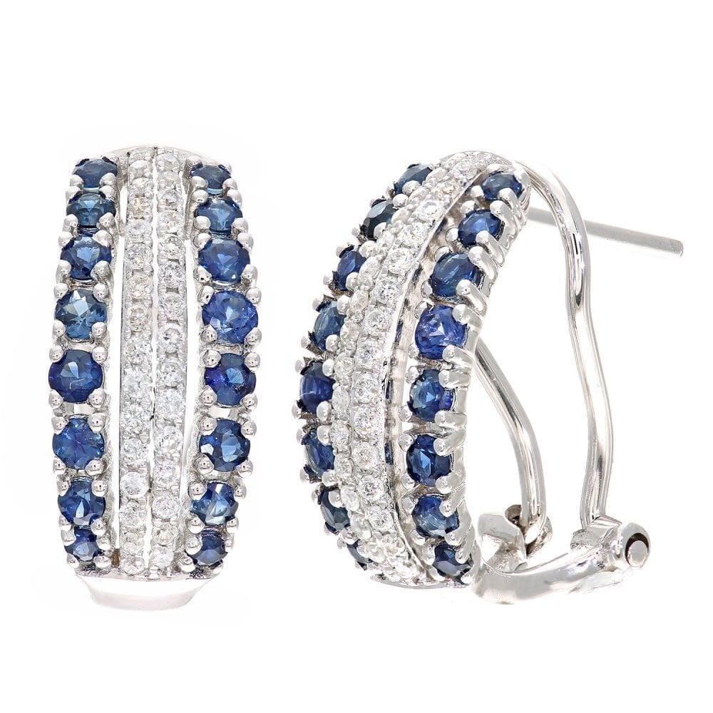 Round Natural Blue Sapphire and Diamond Small Hoop Earrings